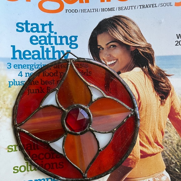 Vintage Stained Glass Art Medallion Design Cross Within Circle Ornament Decor - Picture 4 of 6